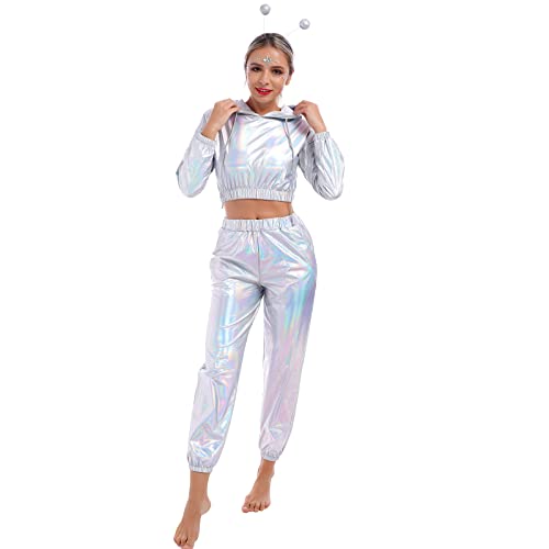 Damen Metallic Glänzend Jogginganzug Trainingsanzug Sportanzug Holographische Langarm Kapuzen Crop Top Pullover Sweatshirt Sweathose Hip Hop Streetwear 80er Jahre Fasching Kostüm Laser Silber L von FYMNSI