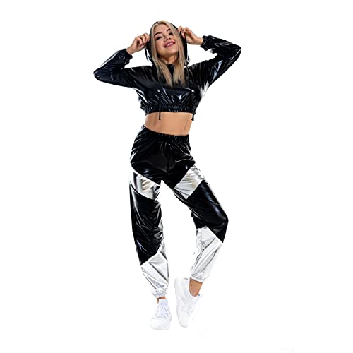 Damen Metallic Glänzend Jogginganzug Trainingsanzug Sportanzug Holographische Langarm Kapuzen Crop Top Pullover Sweatshirt Sweathose Hip Hop Streetwear 80er Jahre Outfit Fasching Kostüm Schwarz L von FYMNSI