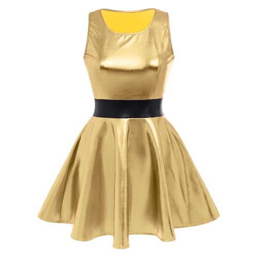 Damen Metallic ?rmellos Minikleid Holografisch Partykleid Gl?nzend Skater Festkleid Festival Rave Outfits Alien Kost?m Halloween Fasching Karneval Cosplay Roundhals Tanzkleid Clubwear Gold M von FYMNSI