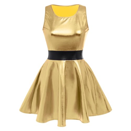 Damen Metallic ?rmellos Minikleid Holografisch Partykleid Gl?nzend Skater Festkleid Festival Rave Outfits Alien Kost?m Halloween Fasching Karneval Cosplay Roundhals Tanzkleid Clubwear Gold XS von FYMNSI