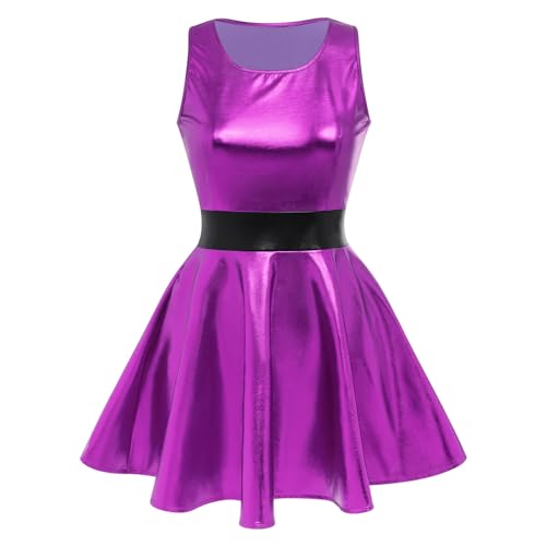 Damen Metallic ?rmellos Minikleid Holografisch Partykleid Gl?nzend Skater Festkleid Festival Rave Outfits Alien Kost?m Halloween Fasching Karneval Cosplay Roundhals Tanzkleid Clubwear Lila S von FYMNSI