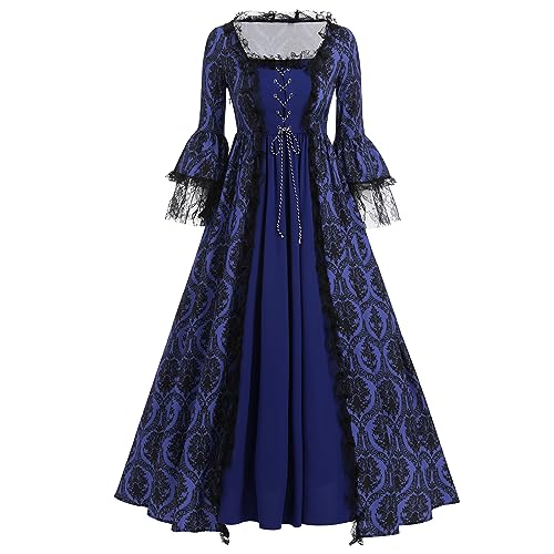 Damen Mittelalter Kleid Gothic Retro Glockenhülse Spitze Partykleid Renaissance Cosplay Mittelalterliches Kostüm Viktorianischen Königin Kleid Langes Abendkleid für Halloween Karneval Marineblau L von FYMNSI