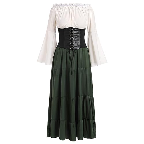 Damen Mittelalter Kleid Gothic Retro Trompeten?rmel Partykleid Renaissance Cosplay Mittelalterliches Kost?m Viktorianischen K?nigin Kleid Langes Abendkleid Maxikleid f?r Halloween Karneval Gr?n 3XL von FYMNSI