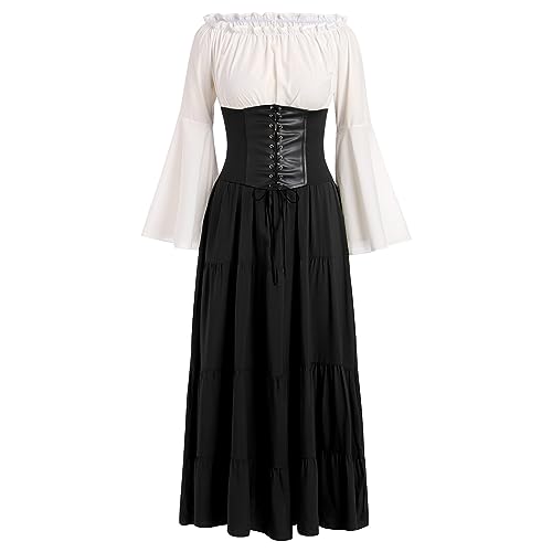 Damen Mittelalter Kleid Gothic Retro Trompeten?rmel Partykleid Renaissance Cosplay Mittelalterliches Kost?m Viktorianischen K?nigin Kleid Langes Abendkleid Maxikleid f?r Halloween Karneval Schwarz 3XL von FYMNSI