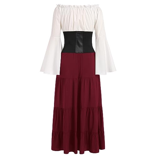 Damen Mittelalter Kleid Gothic Retro Trompeten?rmel Partykleid Renaissance Cosplay Mittelalterliches Kost?m Viktorianischen K?nigin Kleid Langes Abendkleid Maxikleid f?r Halloween Karneval Weinrot XXL von FYMNSI