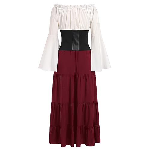 Damen Mittelalter Kleid Gothic Retro Trompeten?rmel Partykleid Renaissance Cosplay Mittelalterliches Kost?m Viktorianischen K?nigin Kleid Langes Abendkleid Maxikleid f?r Halloween Karneval Weinrot XL von FYMNSI