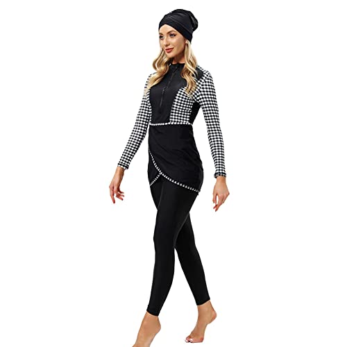 Damen Muslimische Ganzkörper Badeanzug Bescheidene Bademode Islamisch Arabisch Schwimmkostüm Reißverschluss Langarm Top Hose Hijab Burkini Set Full Cover Muslim Badebekleidung Schwarz Weiß Plaid 2XL von FYMNSI