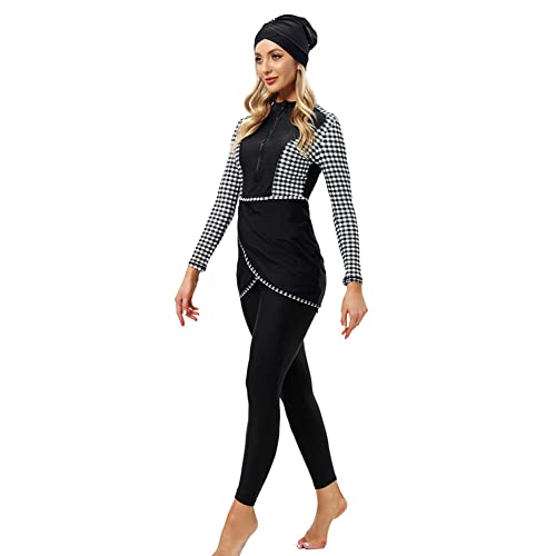Damen Muslimische Ganzkörper Badeanzug Bescheidene Bademode Islamisch Arabisch Schwimmkostüm Reißverschluss Langarm Top Hose Hijab Burkini Set Full Cover Muslim Badebekleidung Schwarz Weiß Plaid XL von FYMNSI