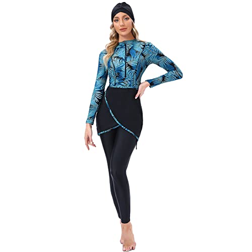 Damen Muslimische Ganzkörper Badeanzug Bescheidene Bademode Islamisch Arabisch Schwimmkostüm Reißverschluss Langarm Top Hose Hijab Burkini Set Modest Full Cover Muslim Badebekleidung Blau Blätter 3XL von FYMNSI