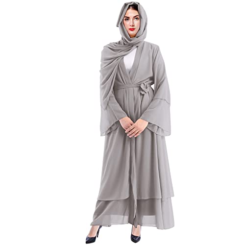 Damen Muslimische Kleid Islamisch Chiffon Offenes Gebetskleid für Frauen Robe in Voller Länge Dubai Nahen Osten Türkei Islam Ramadan Eid Mubarak Maxikleid Abaya Kaftan mit Hijab Grau + Hijab L von FYMNSI
