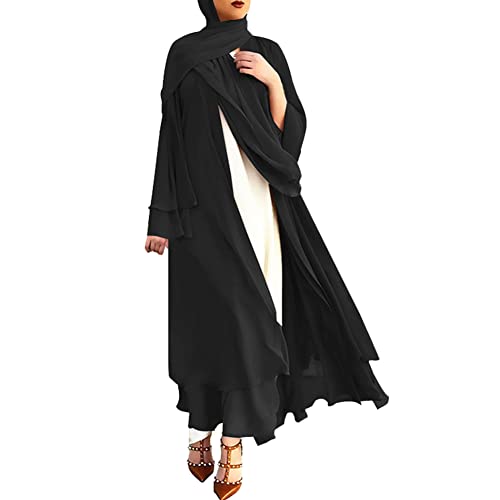 Damen Muslimische Kleid Islamisch Chiffon Offenes Gebetskleid für Frauen Robe in Voller Länge Dubai Nahen Osten Türkei Islam Ramadan Eid Mubarak Maxikleid Abaya Kaftan Schwarz L von FYMNSI