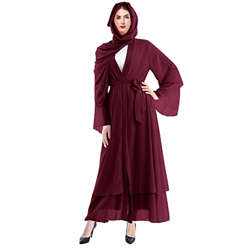 Damen Muslimische Kleid Islamisch Chiffon Offenes Gebetskleid für Frauen Robe in Voller Länge Dubai Nahen Osten Türkei Islam Ramadan Eid Mubarak Maxikleid Abaya Kaftan mit Hijab Weinrot + Hijab L von FYMNSI