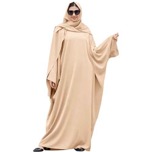 Gebetskleidung F?r Frauen, Muslimische Kleider Damen, Hijab Kleid Abaya Muslim Gebetskleid Islamische Kaftan Einfarbig Robe In Voller L?ng Dubai Nahen Osten T?rkei Ramadan Aprikose+Hijab Einheitsgr??e von FYMNSI