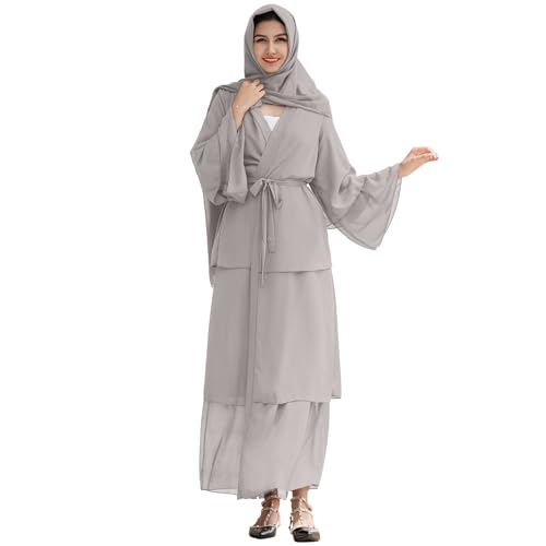 Damen Muslimische Kleid Islamisch Einfarbig Gebetskleid für Frauen Robe in Voller Länge Strickjacke Dubai Nahen Osten Türkei Maxikleid Abaya Kaftan mit Hijab Islamische Gebetskleidung Hellgrau M von FYMNSI