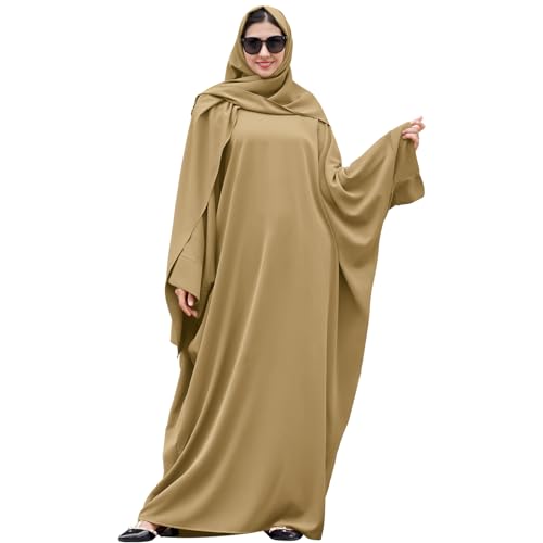 Gebetskleidung F?r Frauen, Muslimische Kleider Damen, Hijab Kleid Abaya Muslim Gebetskleid Islamische Kaftan Robe In Voller L?nge Dubai Nahen Osten T?rkei Ramadan Party Khaki + Hijab Einheitsgr??e von FYMNSI