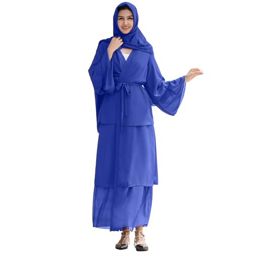 Damen Muslimische Kleid Islamisch Einfarbig Gebetskleid für Frauen Robe in Voller Länge Strickjacke Dubai Nahen Osten Türkei Maxikleid Abaya Kaftan mit Hijab Islamische Gebetskleidung Königsblau XXL von FYMNSI