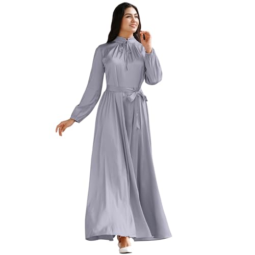 Damen Muslimische Kleid Islamisch Gebetskleid für Frauen Elegant Langarm Satin Robe in Voller Länge Dubai Nahen Osten Türkei Islam Ramadan Eid Mubarak Maxikleid Abaya Kaftan mit Gürtel Grau M von FYMNSI