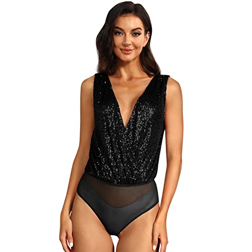 Damen Pailletten Body V-Ausschnitt R?ckenfrei Bodysuit Elegant ?rmellos Top Glitzer Rave Outfit Festival Kleidung Sommer Oberteil Overall Einteiler Jumpsuit Playsuit Bluse Party Clubwear Schwarz L von FYMNSI