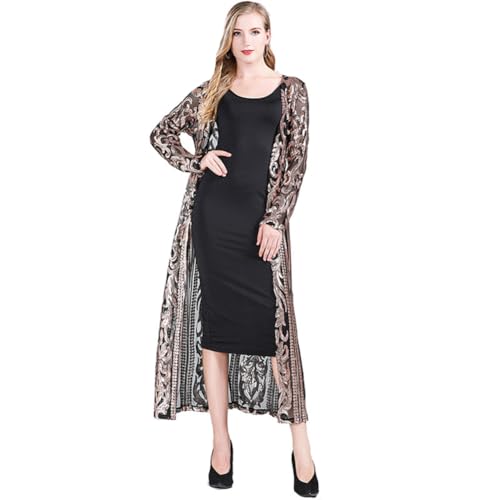 Damen Pailletten Cardigan Langes Mantel Frühling Herbst Lang Strickjacke Glitzer Maxi Offnen Jacke Blazer Transparent Kimono 20er Jahre Party Fasching Karneval Halloween Abend Ball Schwarz Gold 4XL von FYMNSI