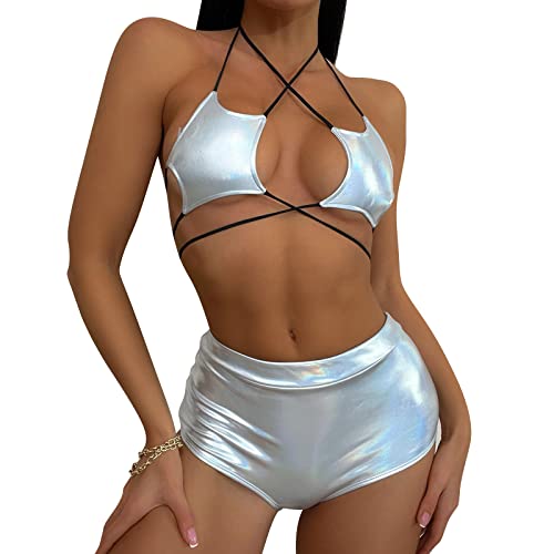 Damen Rave Outfit Bikini Set Badeanzug Holografische Stern BH Oberteil Slip Leder Wetlook Shorts Hot Pants für Festival Disco Tanz Clubwear Halloween Motto Party Fasching Kostüm 1Silber Stern M von FYMNSI