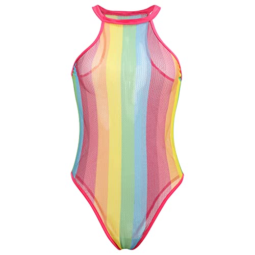 Damen Rave Outfit Festival Kleidung Regenbogen Durchsichtig Fischnetz Body Neckholder Bodysuit Einteiler Babydoll Bodycon Bunt Netz Teddy Nachtw?sche Reizw?sche Negligee Dessous Clubwear Regenbogen L von FYMNSI