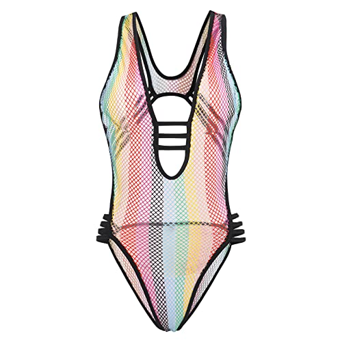 Damen Rave Outfit Festival Kleidung Regenbogen Durchsichtig Fischnetz Body Neckholder Bodysuit Einteiler Babydoll Bodycon Bunte Netz Teddy Nachtw?sche Reizw?sche Negligee Dessous Clubwear Bunt XL von FYMNSI