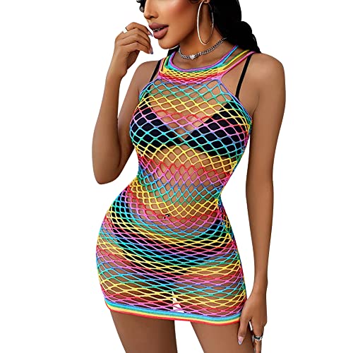Damen Rave Outfit Festival Rock Regenbogen Durchsichtig Fischnetz Minikleid Ärmellos Mesh Babydoll Bodycon Bunte Netz Teddy Fishnet Nachtwäsche Reizwäsche Negligee Dessous Clubwear Fischnetz von FYMNSI