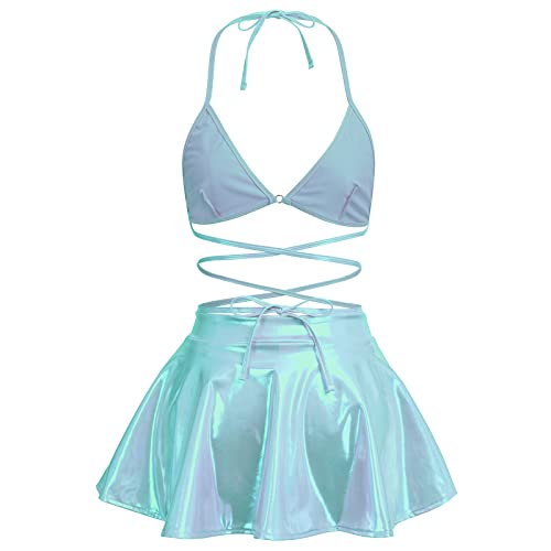 Damen Rave Outfit Glänzed Metallic Wetlook Neckholder Bikini BH Top und Hohe Taille Minirock Set Lackleder Leder Optik Oberteil Frauen Gogo Clubwear Tanz Festival Halloween Party Kostüm Laser Blau S von FYMNSI