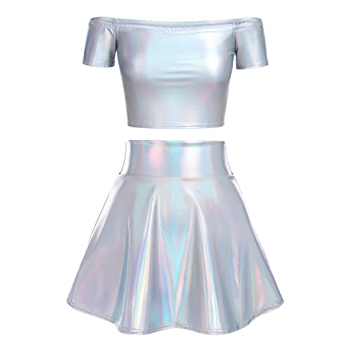 Damen Rave Outfit Gl?nzed Metallic Wetlook Schulterfrei Crop Top und Hohe Taille Minirock Set Lackleder Leder Optik Oberteil Frauen Sexy Gogo Clubwear Tanz Festival Halloween Party Kost?m Laser M von FYMNSI