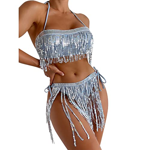 Damen Rave Outfit Quaste Bikini Set Badeanzug Holografische BH Oberteil Slip Triangel Bikinihose Pailletten Fransenrock Festival Disco Tanz Clubwear Halloween Motto Party Fasching Kostüm Hellblau M von FYMNSI