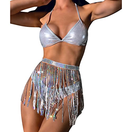 Damen Rave Outfit Quaste Bikini Set Badeanzug Holografische BH Oberteil Slip Triangel Bikinihose Pailletten Fransenrock für Festival Disco Tanz Clubwear Halloween Motto Party Fasching Kostüm Silber M von FYMNSI