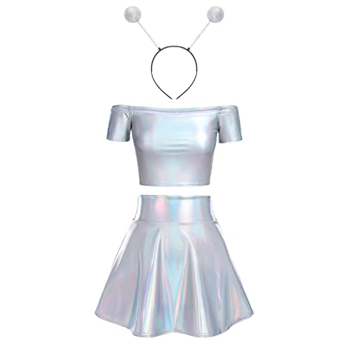 Damen Rave Tanz Outfit Außerirdisches Alien Kostüm Glänzed Metallic Wetlook Schulterfrei Crop Top und Hohe Taille Minirock Haarband Set Leder Optik Oberteil Sexy Gogo Clubwear Fasching Silber Laser S von FYMNSI