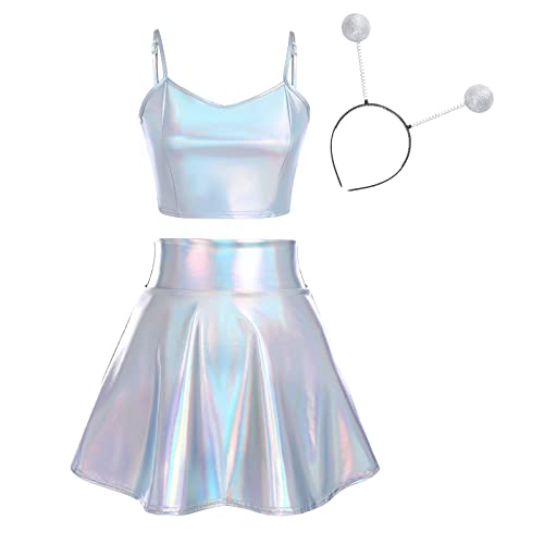 Damen Rave Tanz Outfit Außerirdisches Alien Kostüm Glänzed Metallic Wetlook Träger Crop Top und Hohe Taille Minirock Haarband Set Leder Optik Oberteil Sexy Gogo Clubwear Fasching 3# Silber Laser S von FYMNSI