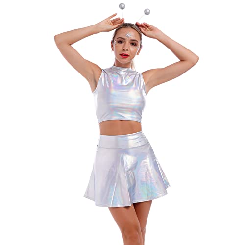 Damen Rave Tanz Outfit Außerirdisches Alien Kostüm Glänzed Metallic Wetlook Weste Crop Top und Hohe Taille Minirock Haarband Set Leder Optik Oberteil Sexy Gogo Clubwear Fasching 5# Silber Laser 2XL von FYMNSI