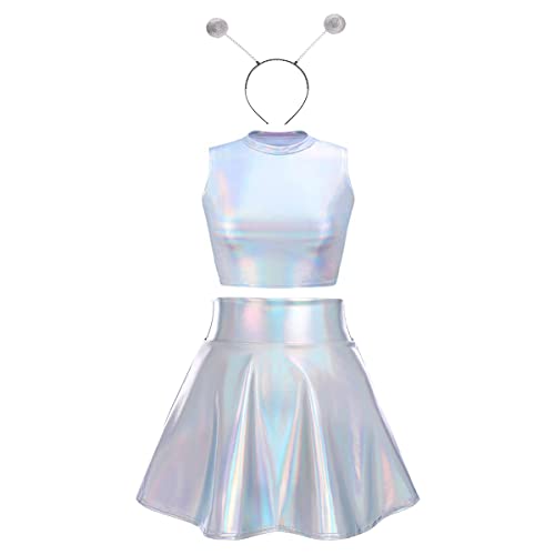 Damen Rave Tanz Outfit Außerirdisches Alien Kostüm Glänzed Metallic Wetlook Weste Crop Top und Hohe Taille Minirock Haarband Set Leder Optik Oberteil Sexy Gogo Clubwear Fasching 5# Silber Laser S von FYMNSI