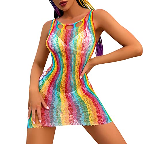 Damen Regenbogen Durchsichtig Fischnetz Ärmellos Mini Kleid Babydoll Bunte Mesh Netz Minikleid Bodycon Rave Festival Clubwear Nachtwäsche Negligee Dessous Erotik Badeanzug Cover Up Ärmellos Kleid von FYMNSI