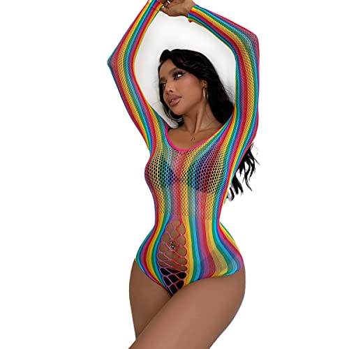 Damen Regenbogen Durchsichtig Fischnetz Body Rückenfrei Langarm Bodysuit Einteiler Babydoll Bodycon Bunte Netz Teddy Nachtwäsche Reizwäsche Negligee Dessous Rave Festival Gogo Clubwear Einheitsgröße von FYMNSI