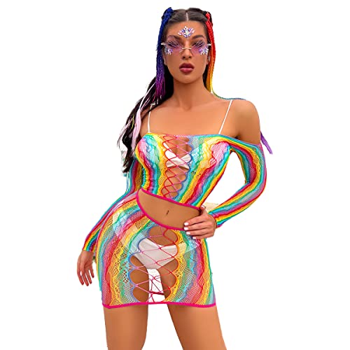 Damen Regenbogen Durchsichtig Fischnetz Schulterfrei Langarm Crop Top Mini Rock Set Babydoll Bunte Mesh Netz Bodycon Rave Festival Gogo Clubwear Nachtwäsche Reizwäsche Negligee Dessous Top + Rock von FYMNSI