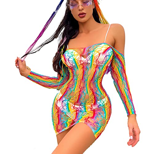Damen Regenbogen Durchsichtig Fischnetz Schulterfrei Langarm Mini Kleid Babydoll Bunt Mesh Netz Minikleid Bodycon Rave Festival Clubwear Nachtwäsche Negligee Dessous Erotik Cover Up Schulterfrei Kleid von FYMNSI