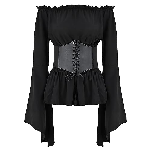 Damen Renaissance Bauernbluse Schulterfrei Tops Trompeten?rmel Gothic Boho Bluse Mittelalter Gesmokt Langarmshirt mit G?rtel Korsett Pirat Steampunk Wikinger Kleidung Kost?m Halloween Schwarz M von FYMNSI