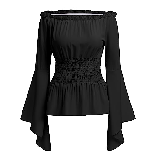 Damen Renaissance Bauernbluse Schulterfrei Tops Trompeten?rmel Gothic Lolita Boho Bluse Mittelalter Gesmokt Langarmshirt Pirat Steampunk R?schenbluse Wikinger Kleidung Kost?m Halloween Schwarz 2XL von FYMNSI