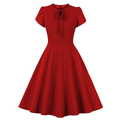 Damen Rockabilly Kleid 50er Jahre Abendkleider Retro Vintage 1950er Kurzarm Cocktailkleid Swing Midi Partykleid A-Linie Abschlusskleid Elegant für Hochzeit Gast Festliches Festkleid Sommer Rot XL von FYMNSI