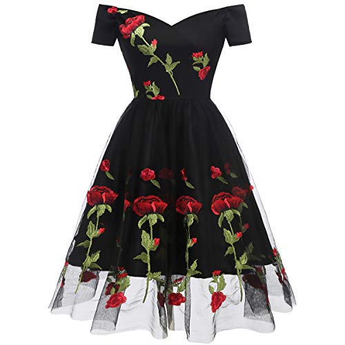 Damen Rockabilly Kleid Vintage 1950er Partykleid Knielang Brautkleid Schulterfrei Tüllkleid Abendkleid Rose Stickerei Elegant Hochzeit Brautjunfernkleid Festliches Cocktailkleid Schwarz Kurzarm 2XL von FYMNSI