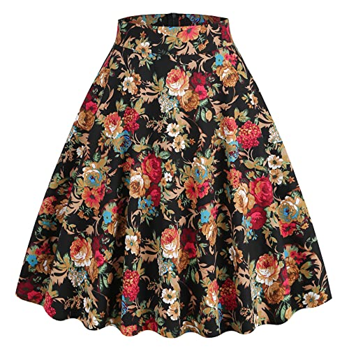 Damen Rockabilly Rock Vintage 1950er Jahre Retro Blumen Druck Faltenrock Elastische Hohe Taille Swing Glockenrock Kurzes Tellerrock Plissee A-Linie Knielang Festliche R?ck Trachtenrock Schwarz L von FYMNSI