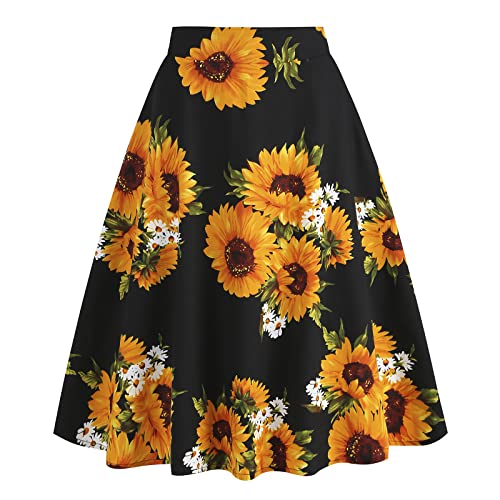 Damen Rockabilly Rock Vintage 1950er Jahre Retro Blumen Druck Faltenrock Elastische Hohe Taille Swing Glockenrock Tellerrock Plissee A-Linie Knielang Festliche R?ck Trachtenrock Gelb Sonnenblume L von FYMNSI