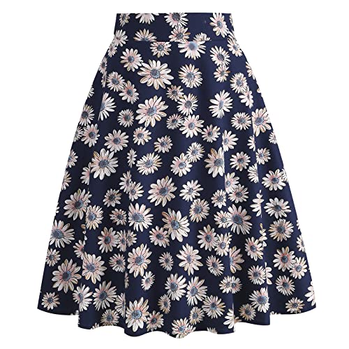 Damen Rockabilly Rock Vintage 1950er Jahre Retro Blumen Druck Faltenrock Elastische Hohe Taille Swing Glockenrock Tellerrock Plissee A-Linie Knielang Festliche R?ck Trachtenrock Marineblau Blumen M von FYMNSI