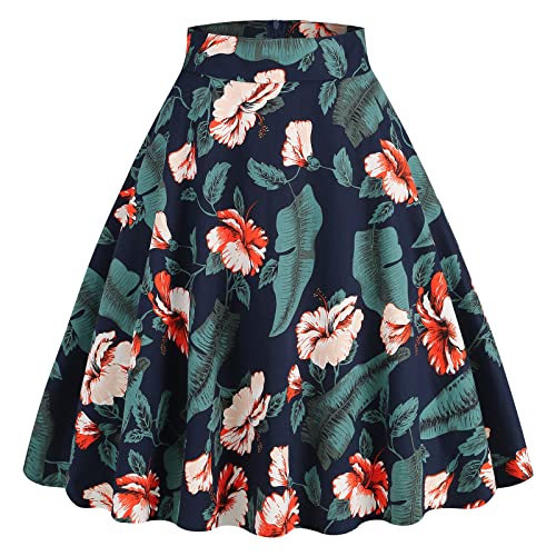 Damen Rockabilly Rock Vintage 1950er Jahre Retro Blumen Druck Faltenrock Elastische Hohe Taille Swing Glockenrock Tellerrock Plissee A-Linie Knielang Festliche R?ck Trachtenrock Sommer Dunkelblau L von FYMNSI