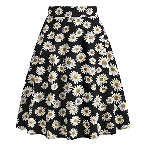 Damen Rockabilly Rock Vintage 1950er Jahre Retro Blumen Druck Faltenrock Elastische Hohe Taille Swing Glockenrock Tellerrock Plissee A-Linie Knielang Festliche R?ck Trachtenrock Schwarz Blumen XL von FYMNSI