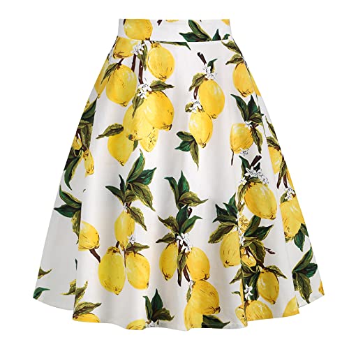 Damen Rockabilly Rock Vintage 1950er Jahre Retro Blumen Druck Faltenrock Elastische Hohe Taille Swing Glockenrock Tellerrock Plissee A-Linie Knielang Festliche Röck Trachtenrock Sommer Zitrone XXL von FYMNSI