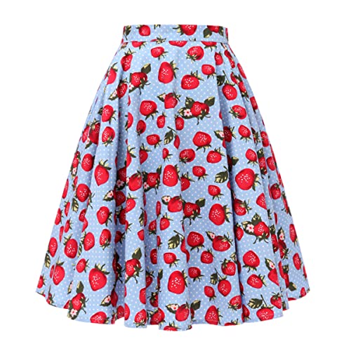 Damen Rockabilly Rock Vintage 1950er Jahre Retro Faltenrock Elastische Hohe Taille Swing Glockenrock Tellerrock Plissee A-Linie Knielang Festliche Röck Knielänge Trachtenrock Skater Sommer Blau L von FYMNSI